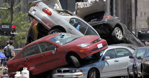 Cars stacked up in a wreck